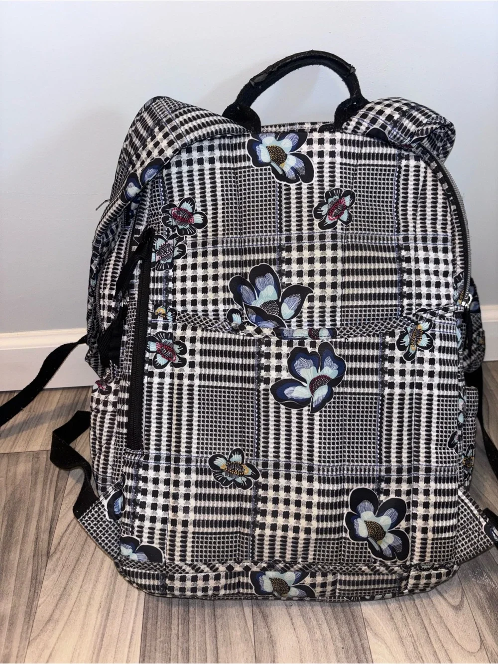 Vera Bradley Black & White Plaid Backpack and lunchbox with Blue Floral Accents